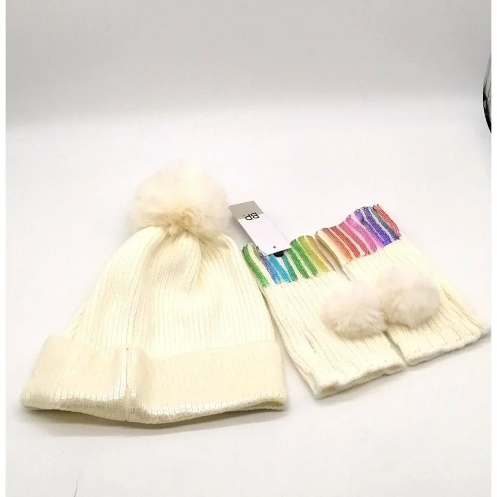 BP Womens Winter Knit Stocking Cap & Fingerless Mitten Set Ivory Faux Fur NEW‎